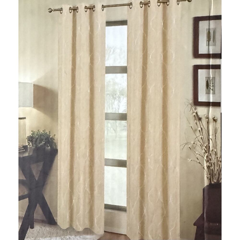 Embroidered Beige Grommet Curtain Panel Pair 38x84 Elegant 2 Panels New